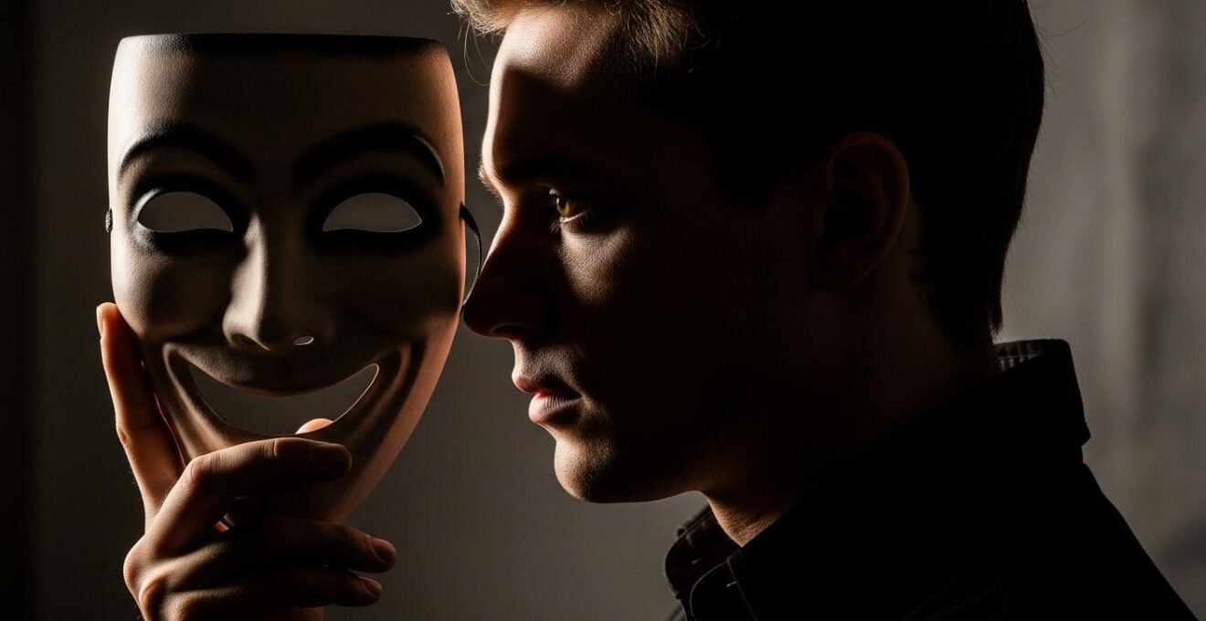 Un acteur tenant un masque symbolique représentant deux facettes opposées du même personnage.