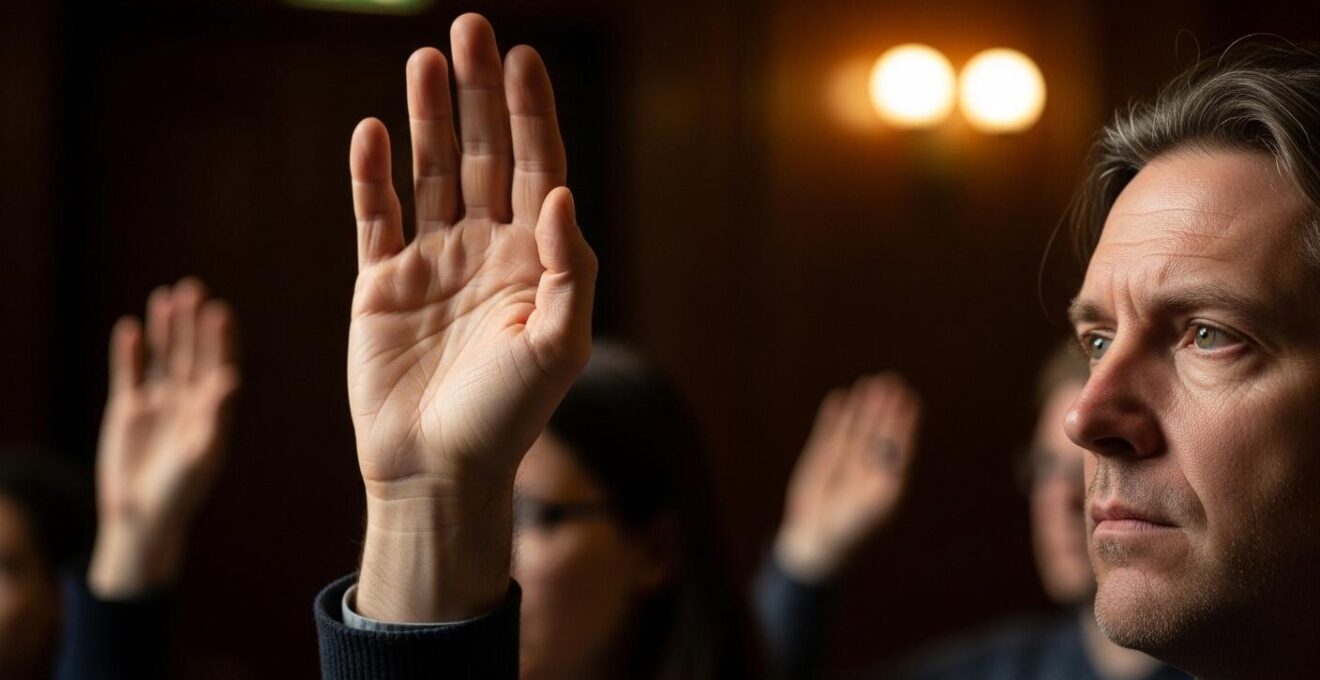 Gros plan sur une main levée et un visage attentif dans un débat de ciné-club animé