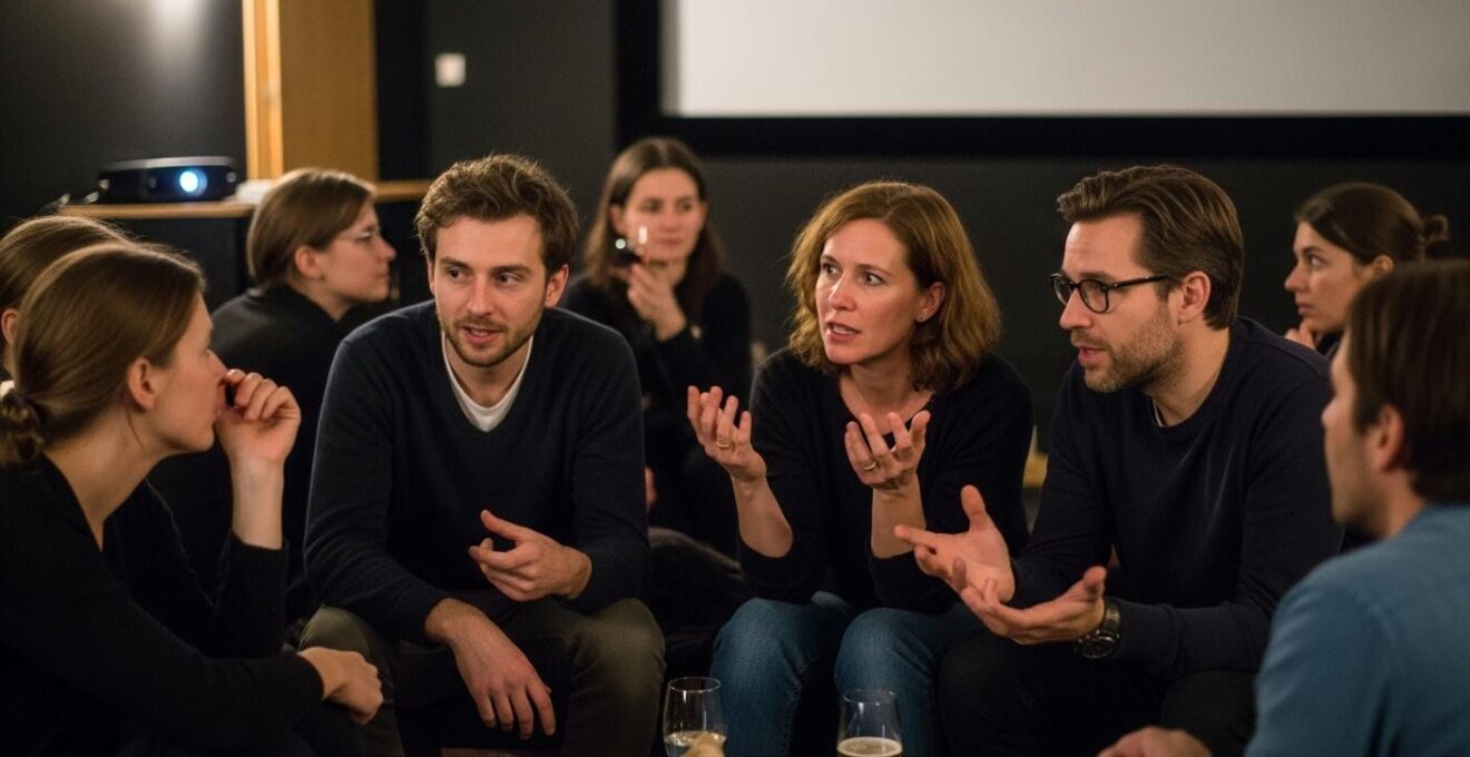 Photographie de groupe dans un petit cinéma intime tenant un débat animé après une projection