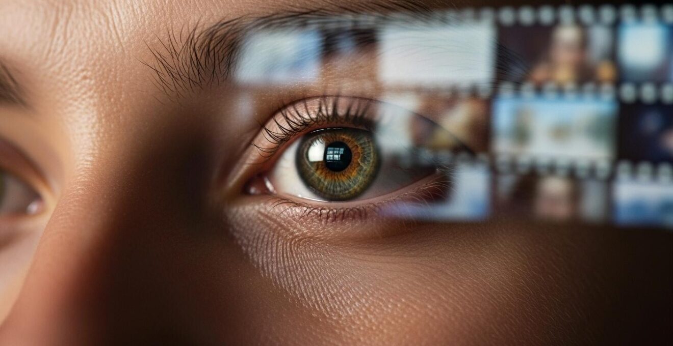Photographie symbolique d'un regard intense sur un écran de cinéma abstrait