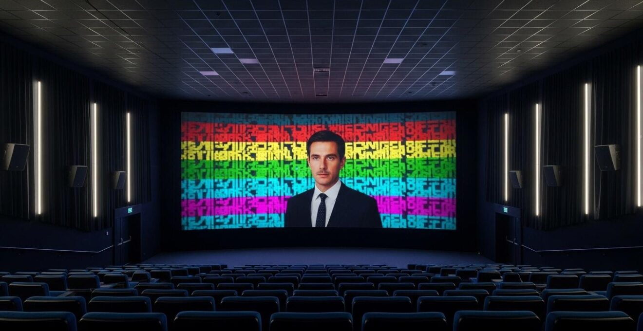 Une salle de cinéma plongée dans la pénombre avec un écran géant montrant des sous-titres colorés, symbolisant l'accessibilité au cinéma pour tous