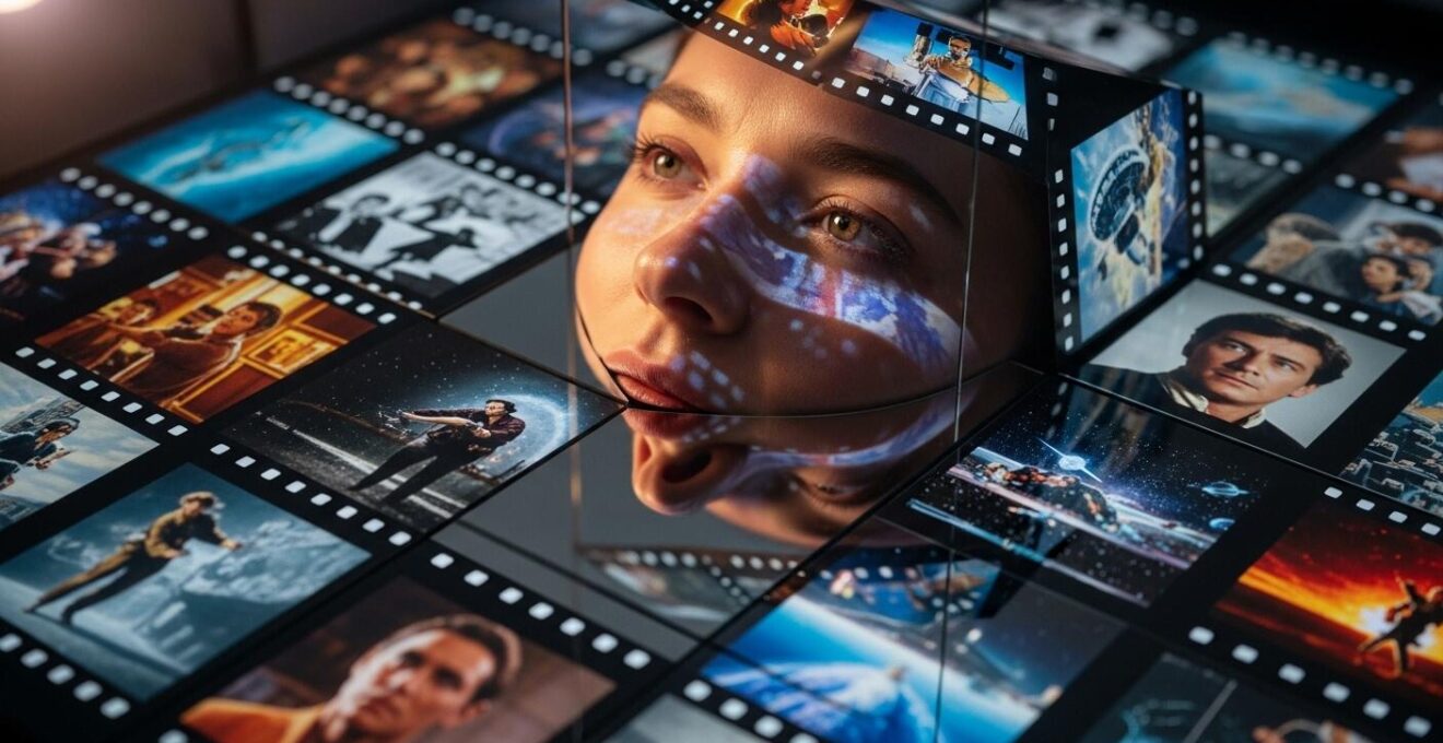 Photographie symbolique illustrant l'impact du cinéma sur l'identité collective avec un visage humain miroitant des images cinématographiques