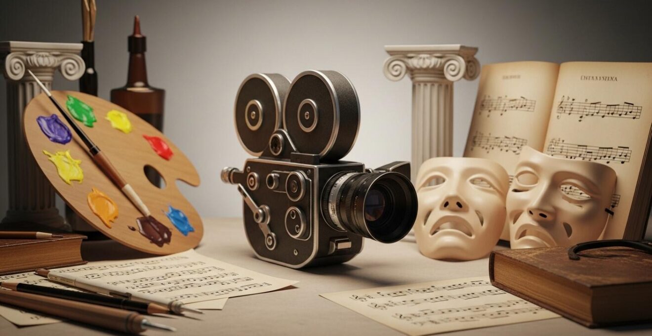 Une composition visuelle représentant le cinéma comme une synthèse des autres arts, avec une caméra cinématographique entourée d'éléments symboliques des arts classiques