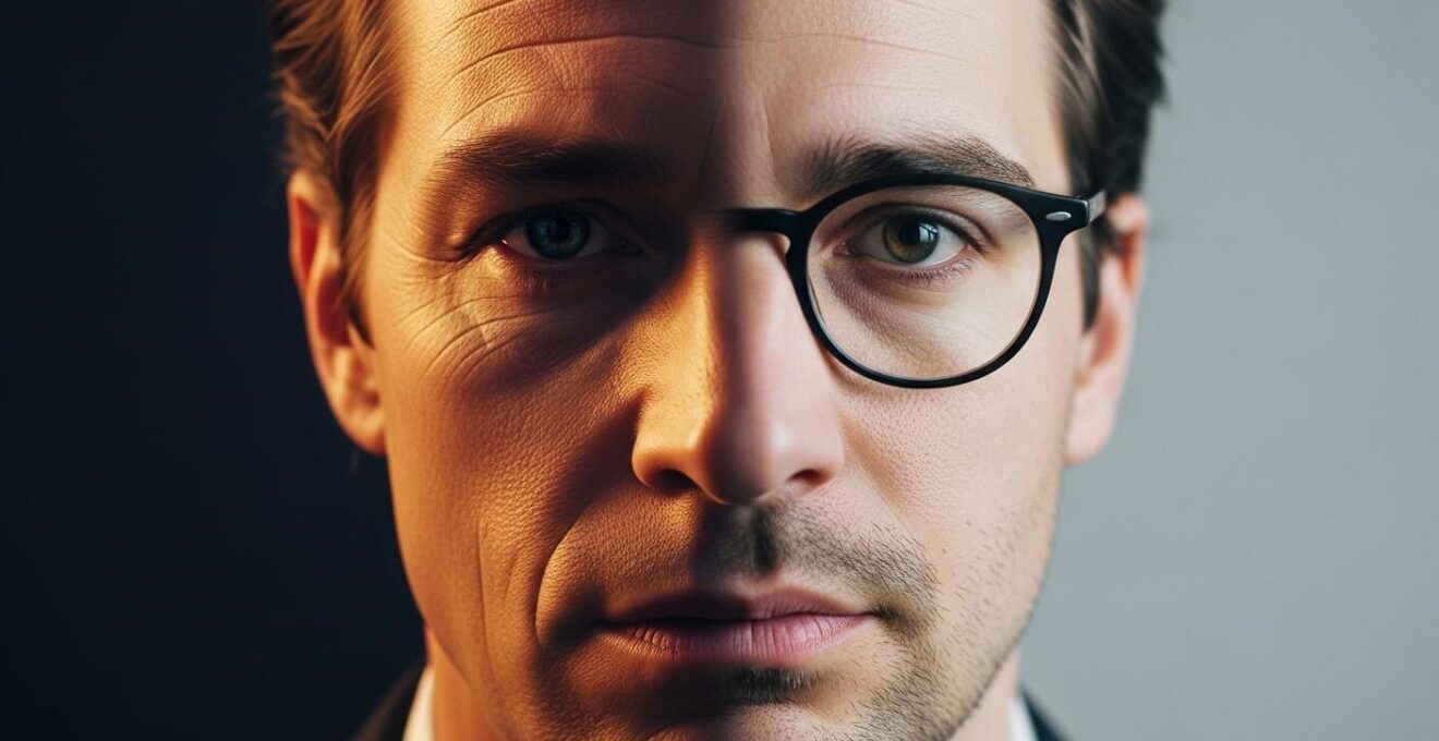Deux visages fusionnés, un de style Hollywoodien et un de style européen, symbolisant les différentes visions du futur dans la SF
