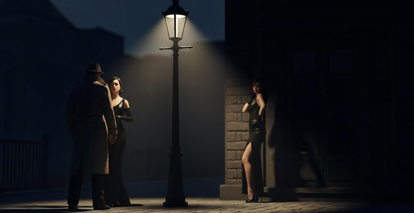 Une scène urbaine nocturne en clair-obscur avec un détective en imperméable, une femme fatale dans l’ombre, sous un lampadaire vintage