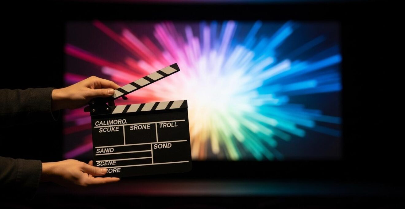 Une main de réalisateur tenant une clapperboard devant un écran de cinéma montrant des éclats de lumière en couleurs vives, avec une atmosphère de surprise