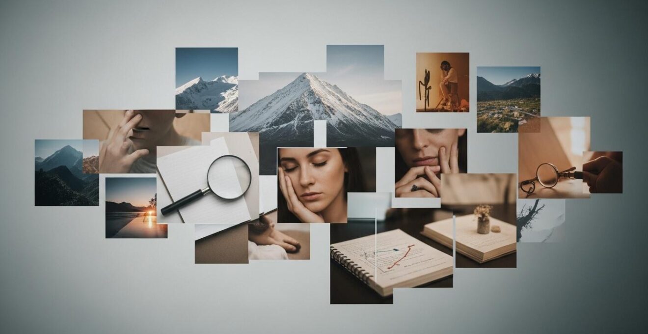 Collage symbolique de différentes scènes évoquant l’évasion, la réflexion et l’enquête dans les documentaires
