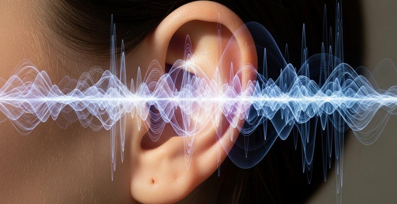 Photographie symbolique montrant une oreille humaine entourée de vagues sonores