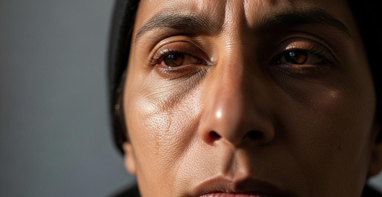 Visage expressif d'un migrant dans une lumière douce, captant l'émotion et l'humanité