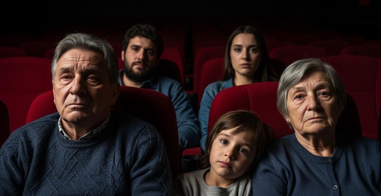Une photographie réaliste montrant une famille multi-générationnelle avec en arrière-plan une salle de cinéma vide, symbolisant les enjeux sociaux et familiaux dans ces cinémas