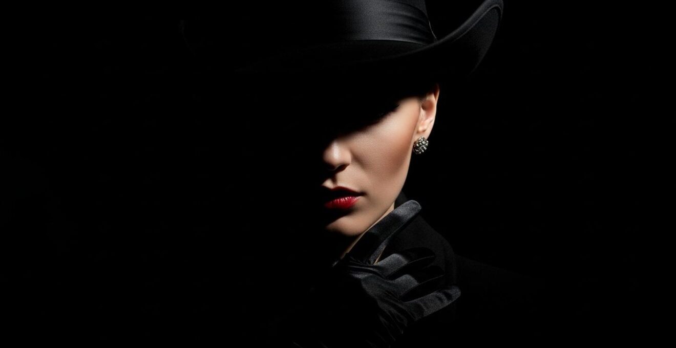 Silhouette féminine mystérieuse en clair-obscur typique du film noir