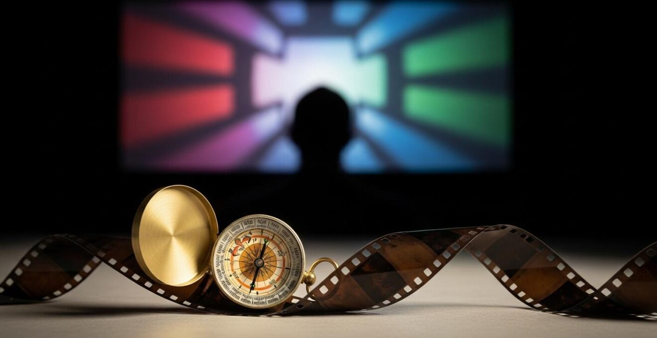 Une scène symbolique combinant une ancienne boussole posée sur une pellicule de film vintage, avec une silhouette d'un spectateur contemplant un écran de cinéma vibrant