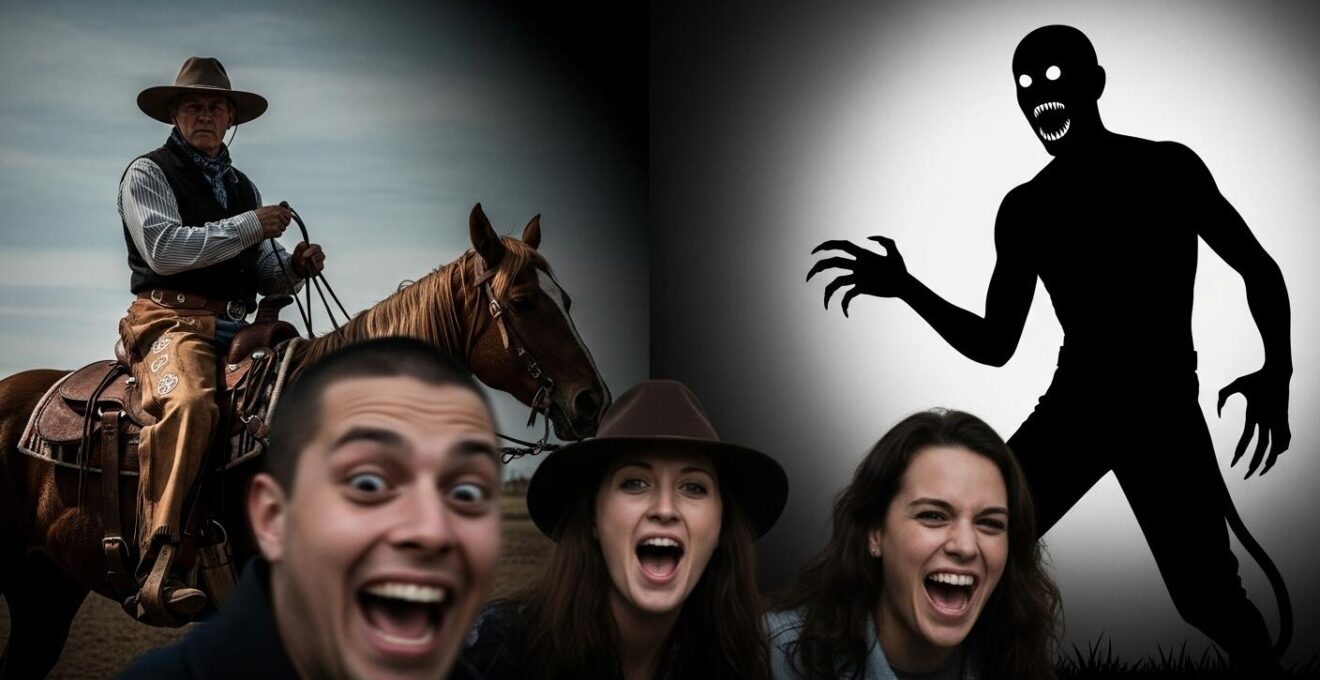 Un mélange visuel symbolique représentant un cavalier western avec une silhouette de monstre horrifique en arrière-plan, entouré d'éléments dramatiques et comiques
