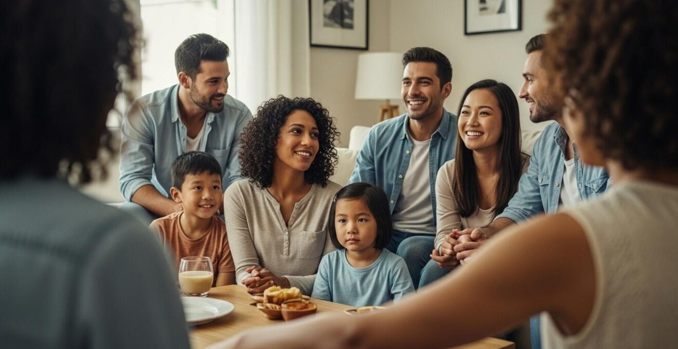 Photographie d’une scène de famille multiculturelle partageant un moment ensemble, représentant les différences familiales montrées au cinéma