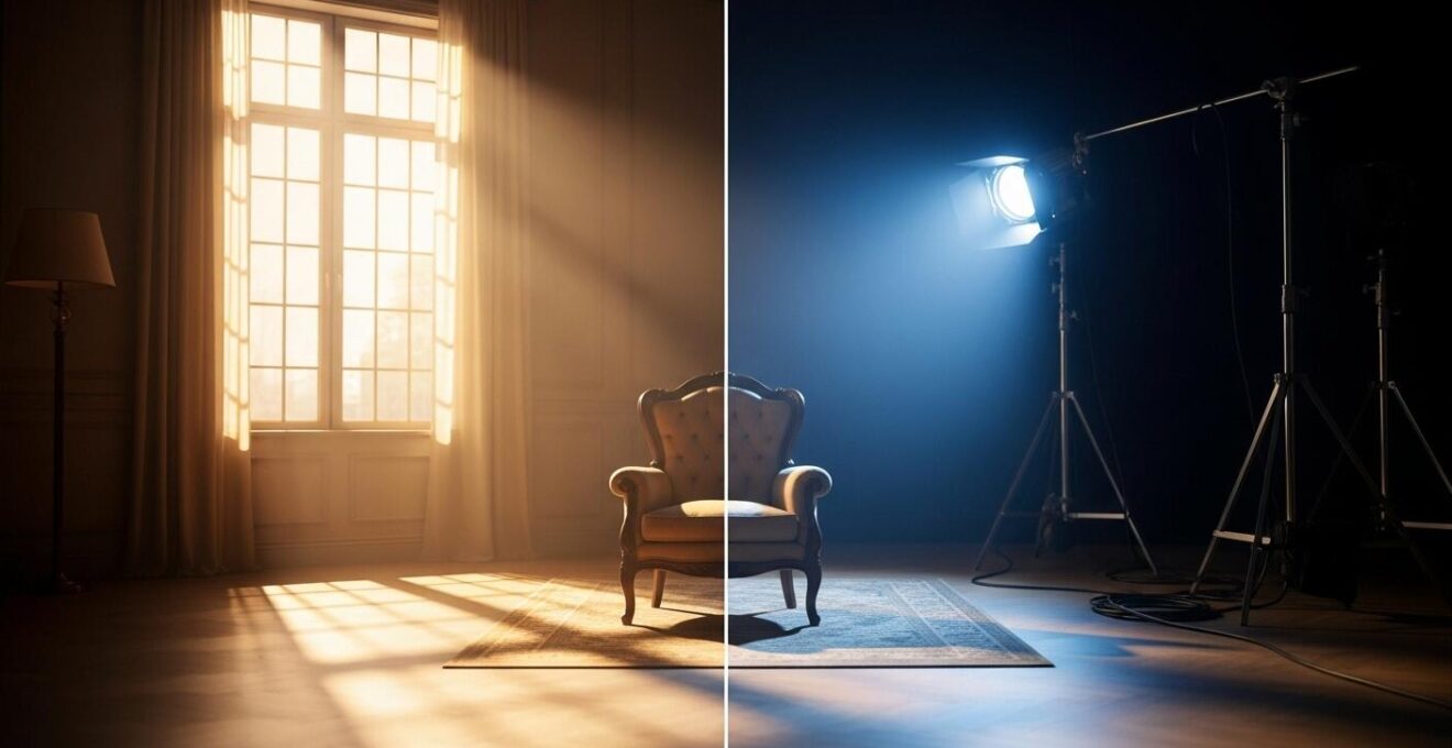 Composition visuelle montrant deux visions opposées d'une même scène cinématographique, côté à côté, symbolisant différents styles de mise en scène.