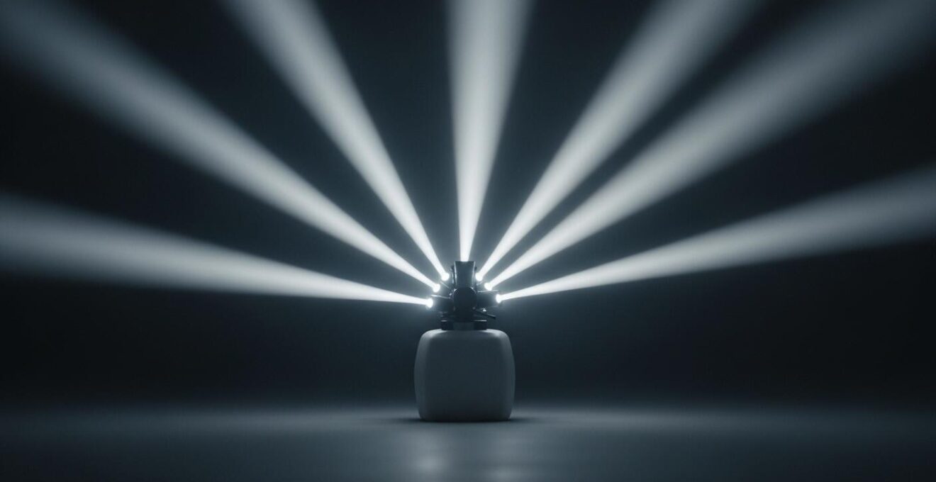 Schéma métaphorique montrant différents points de vue de caméra symbolisés par des lignes de lumière convergentes sur un objet central dans un espace cinématographique.