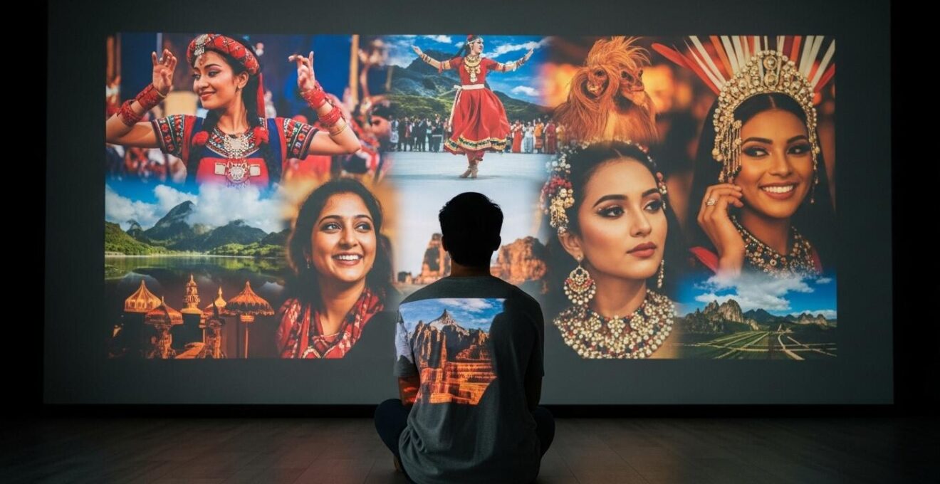 Une personne regardant un documentaire immersive reflétant différentes cultures du monde à l'écran en face d'elle