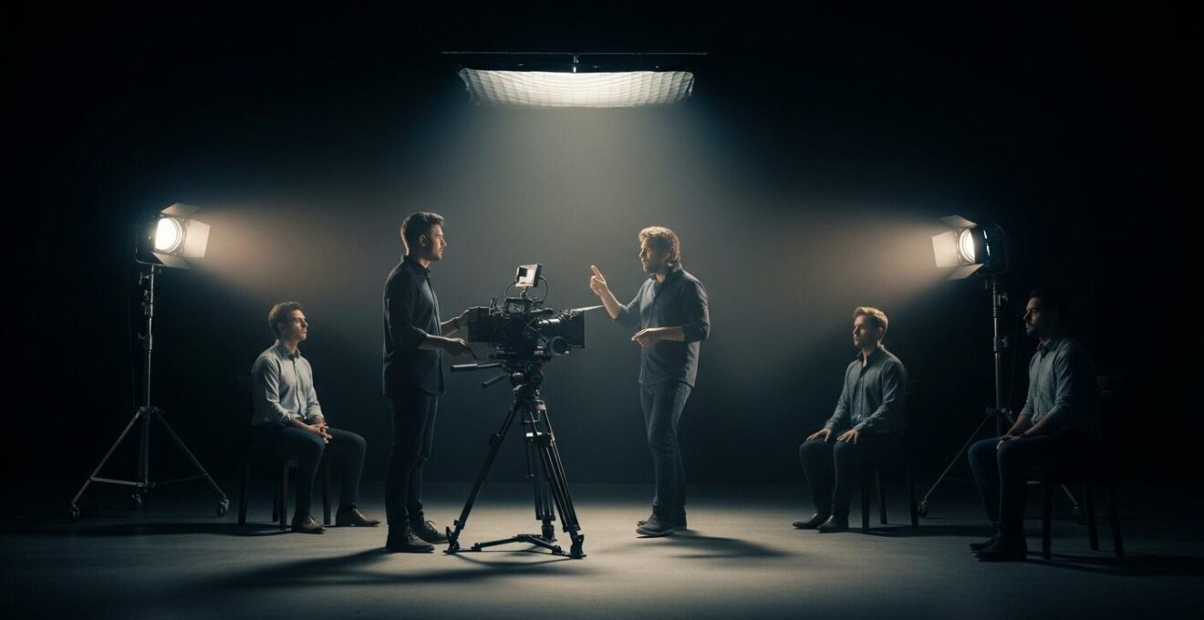 Une composition cinématographique montrant un réalisateur dirigeant une scène avec une caméra, éclairages dramatiques, et acteurs en position, symbolisant la manipulation du spectateur