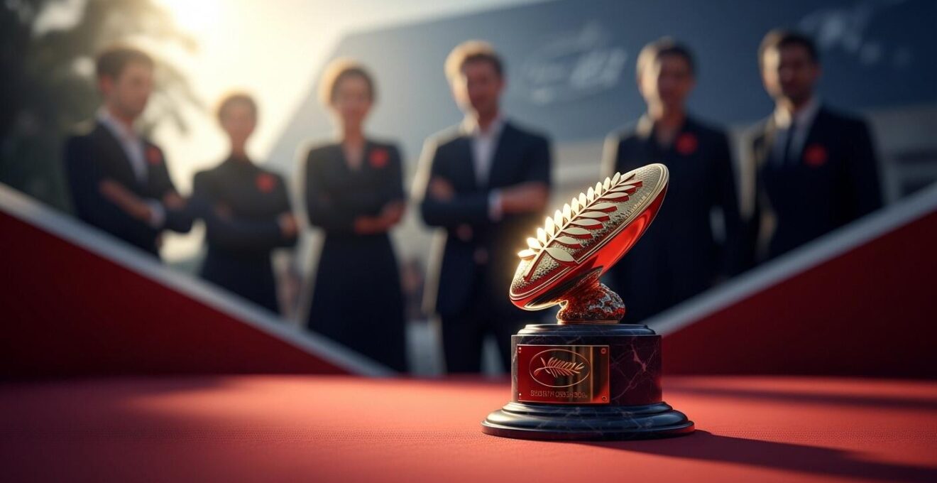 Symbole fort de la Palme d'Or sur un fond dramatique représentant un tapis rouge et des silhouettes floues de personnes influentes autour