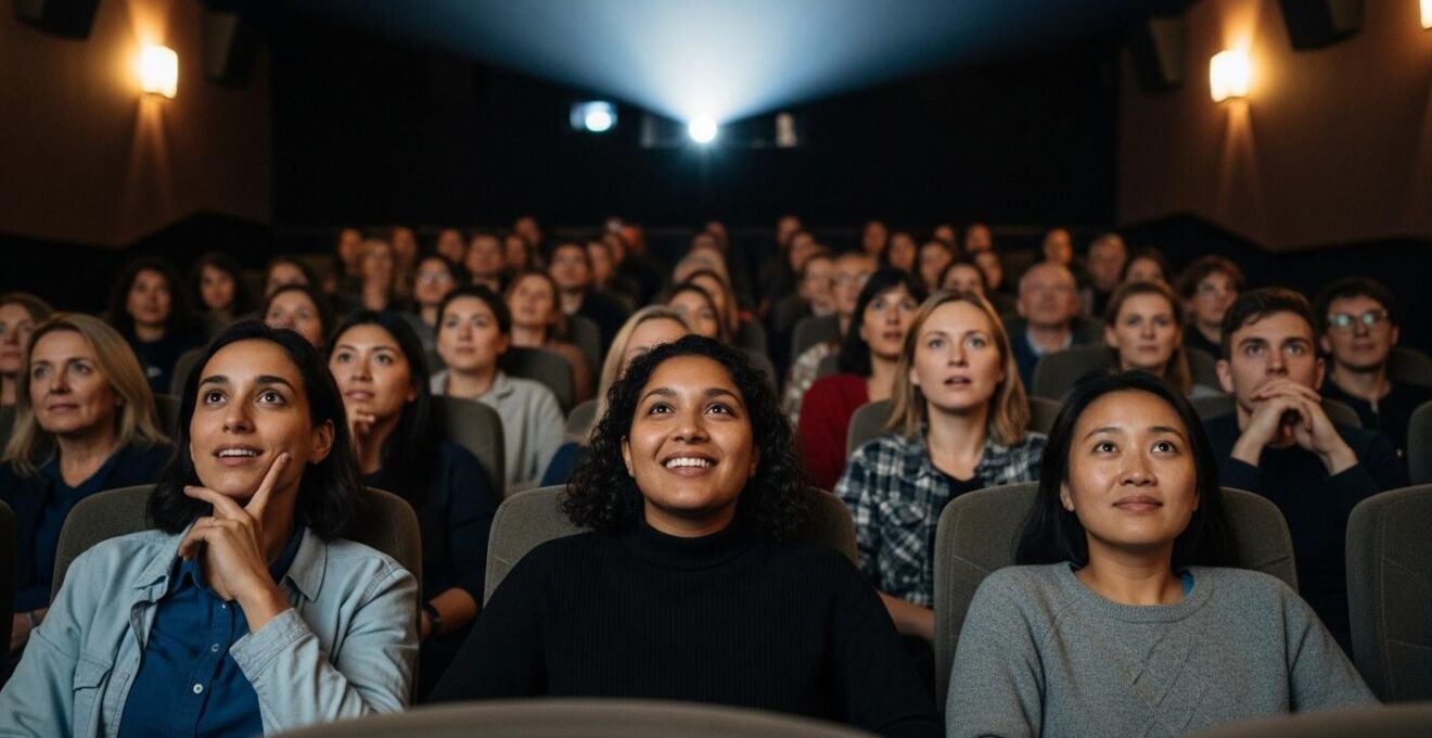 Scène réaliste d'un petit festival de cinéma avec un public attentif dans une salle intime