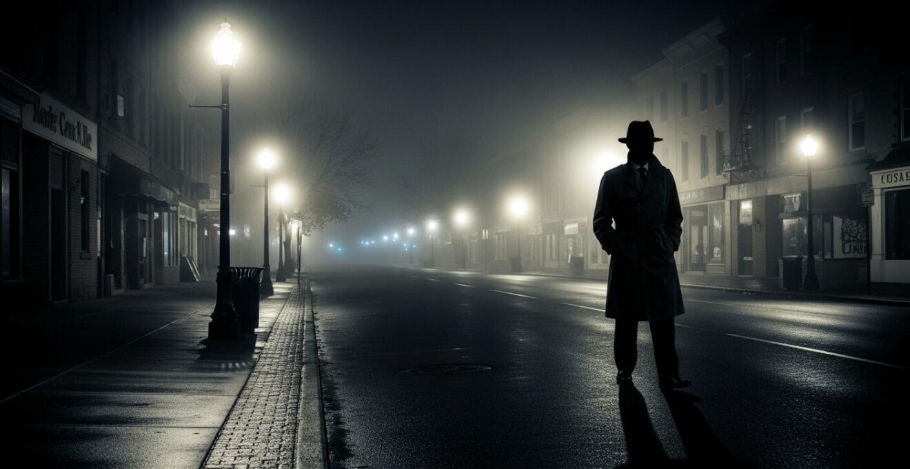 Scène sombre et urbaine typique du film noir avec jeu d'ombres et lumière contrastée