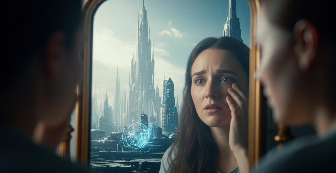 Image symbolique d'un miroir reflétant un paysage urbain futuriste mêlé à des visages humains anxieux