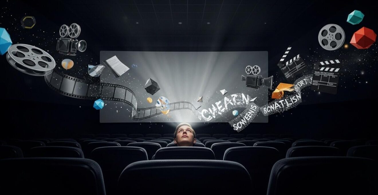 Photographie d'un spectateur dans une salle de cinéma, captivé, entouré de symboles cinématographiques flottants et d'éléments visuels abstraits symbolisant l'analyse.