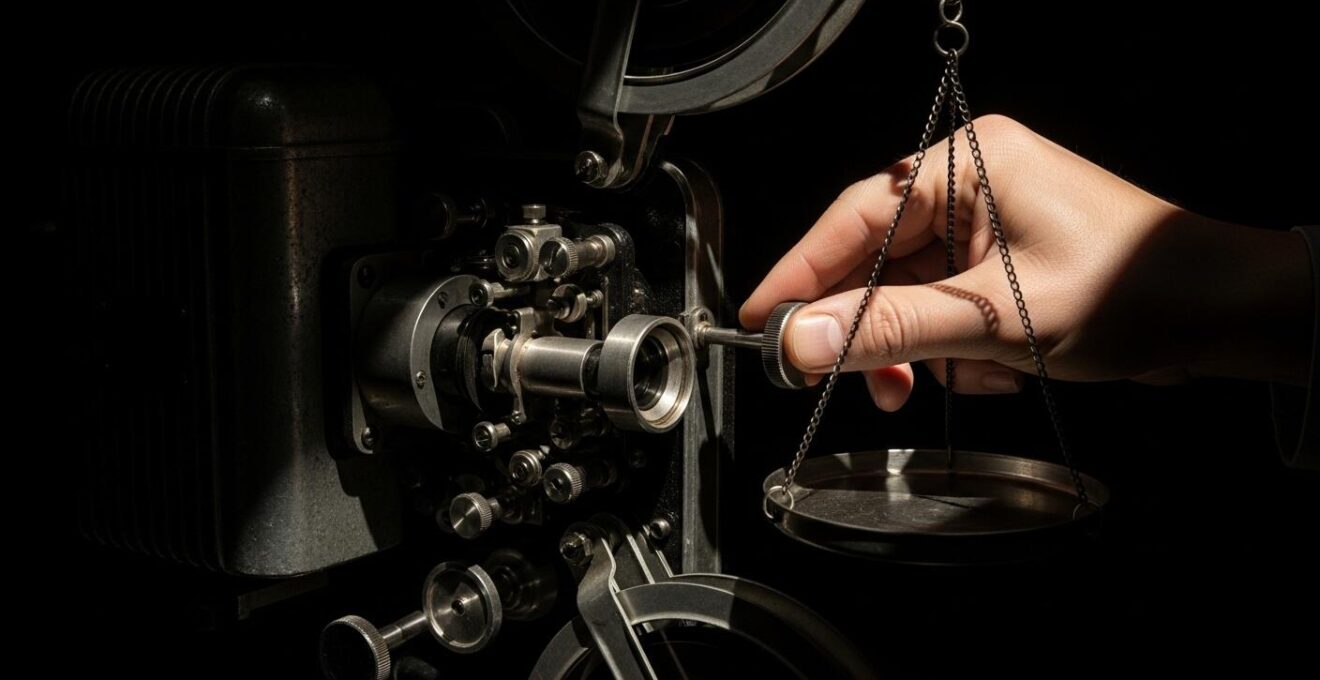 Photographie symbolique représentant une main manipulant un ancien projecteur de film sous un éclairage contrasté, symbolisant le dilemme éthique de la restauration