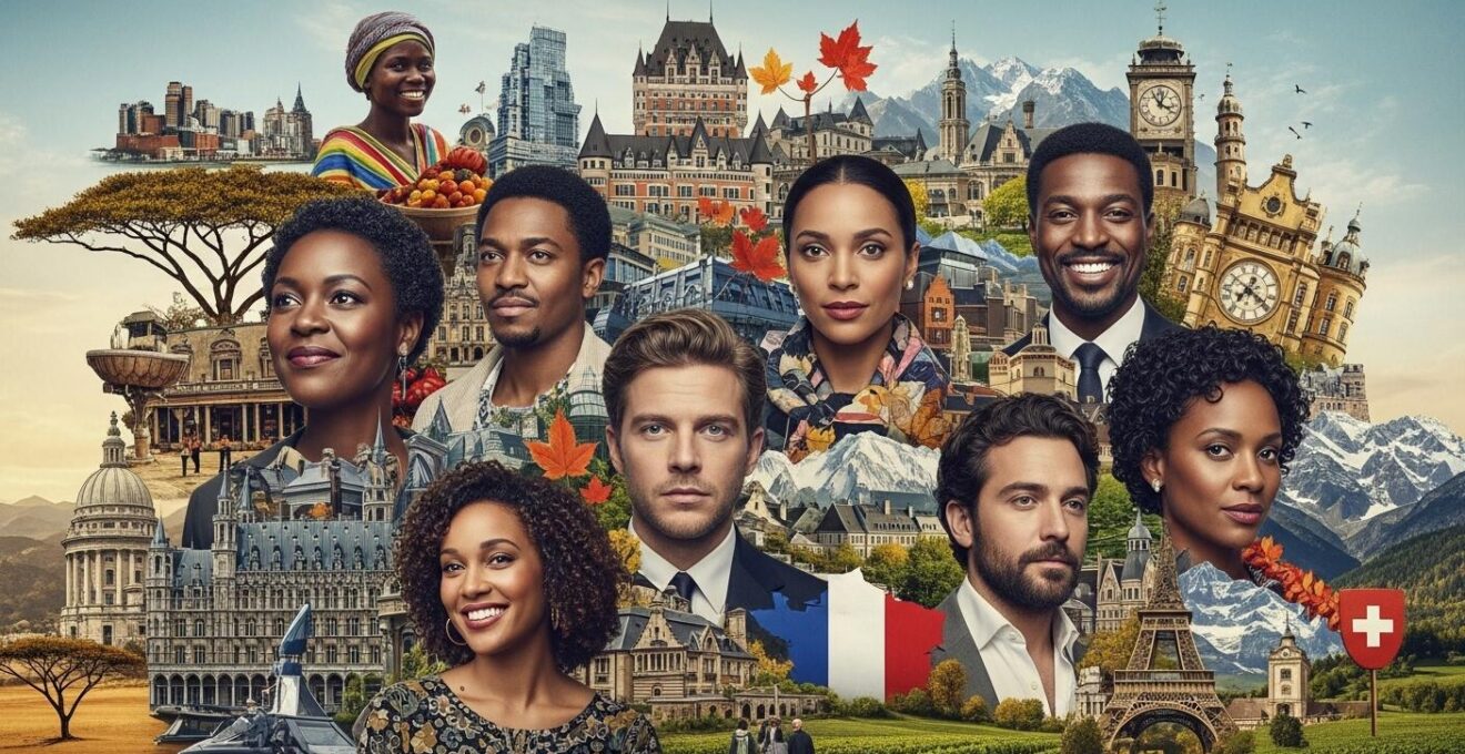 Un collage photographique représentant divers visages et scènes de films issus des cinémas francophones d'Afrique, du Québec, de Belgique, de France et de Suisse