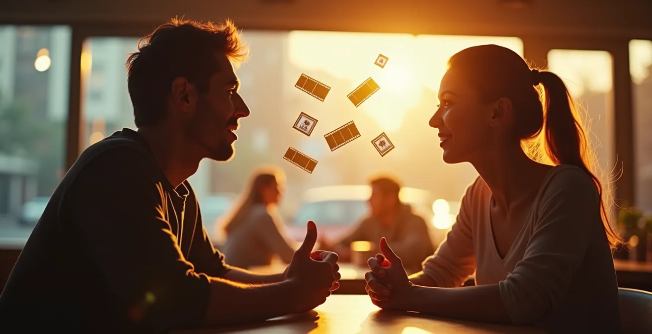 Illustration représentant une discussion profonde sur un film, mêlant émotions et outils d’analyse.