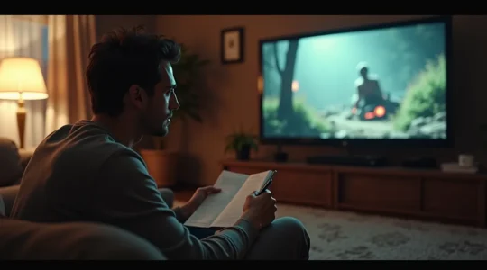 Une personne regardant attentivement un film avec des notes et des analyses à côté, symbolisant le passage de spectateur à analyste.