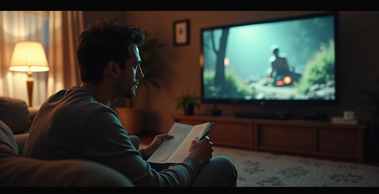Une personne regardant attentivement un film avec des notes et des analyses à côté, symbolisant le passage de spectateur à analyste.