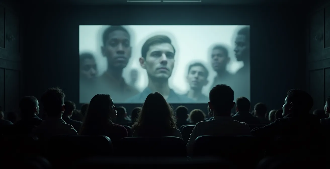 Scène symbolique représentant le cinéma comme miroir de la société et de l'identité collective.