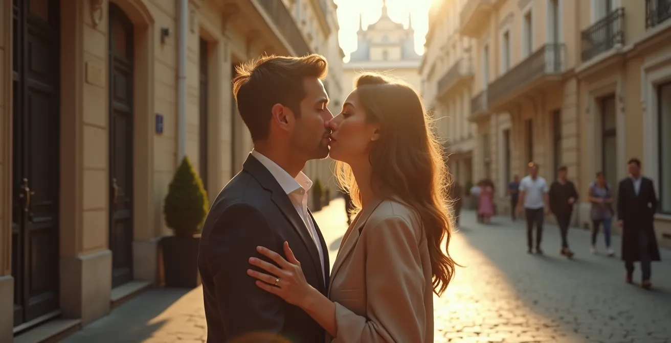Illustration représentant deux couples, un dans un décor parisien romantique, l'autre dans un décor américain typique, symbolisant la différence culturelle des comédies romantiques.