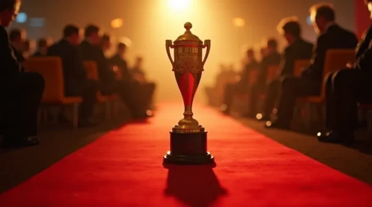 Scène artistique représentant la compétition cinématographique au Festival de Cannes avec une Palme d'Or en arrière-plan et un tapis rouge