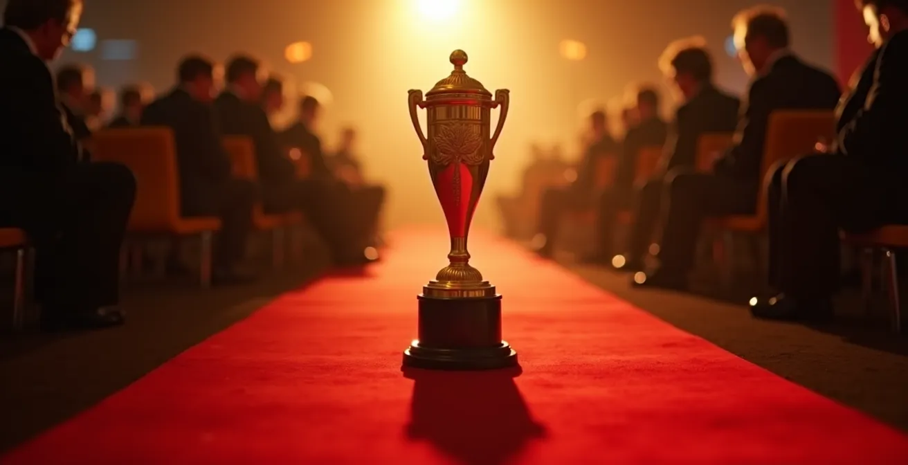 Scène artistique représentant la compétition cinématographique au Festival de Cannes avec une Palme d'Or en arrière-plan et un tapis rouge