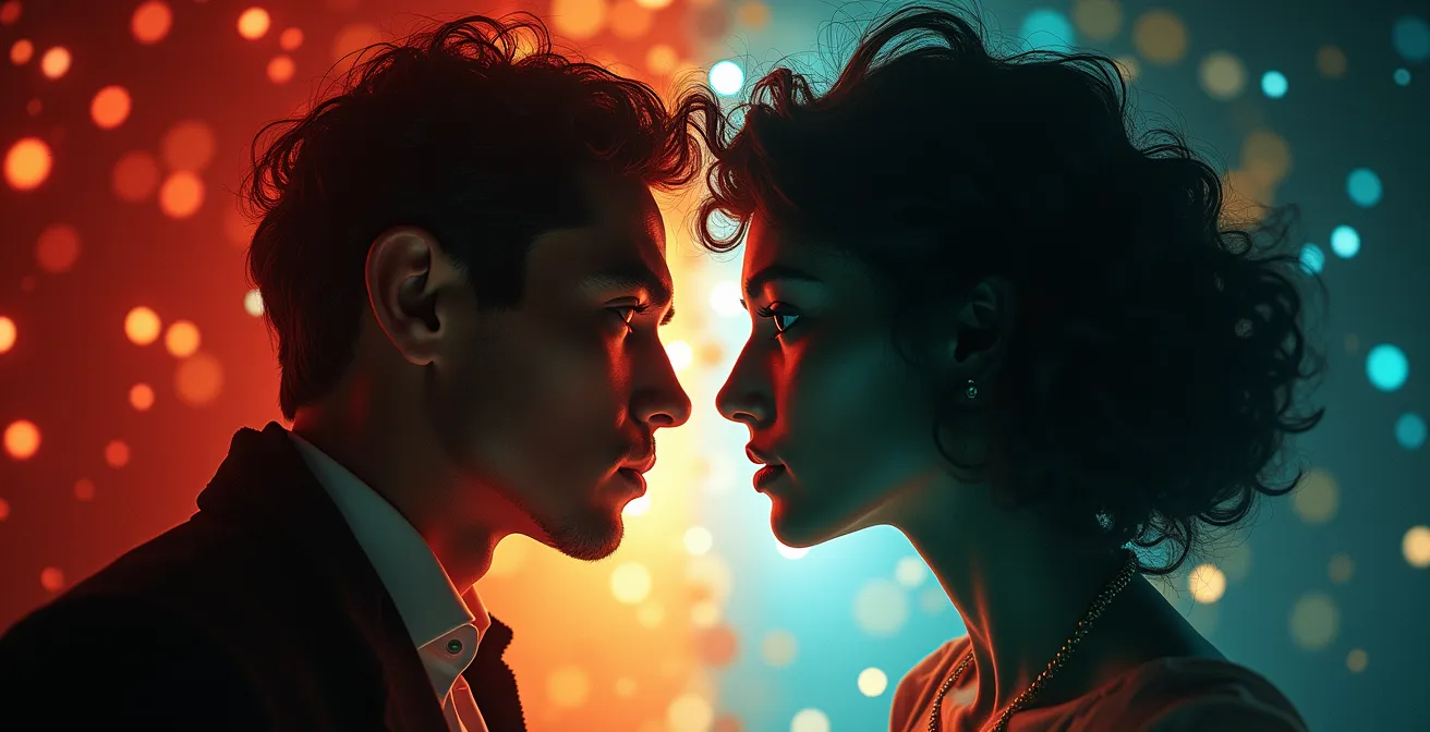 Affiche imaginative d'une soirée cinéma où deux films aux styles opposés sont projetés ensemble, créant un dialogue visuel entre leurs affiches