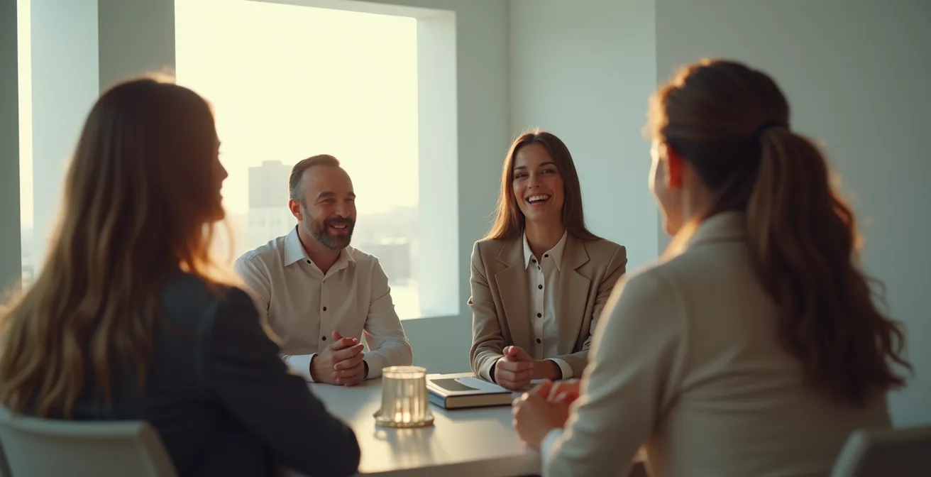 Scène épurée montrant un petit groupe de personnes engagées dans une discussion intense dans un cadre minimaliste et futuriste