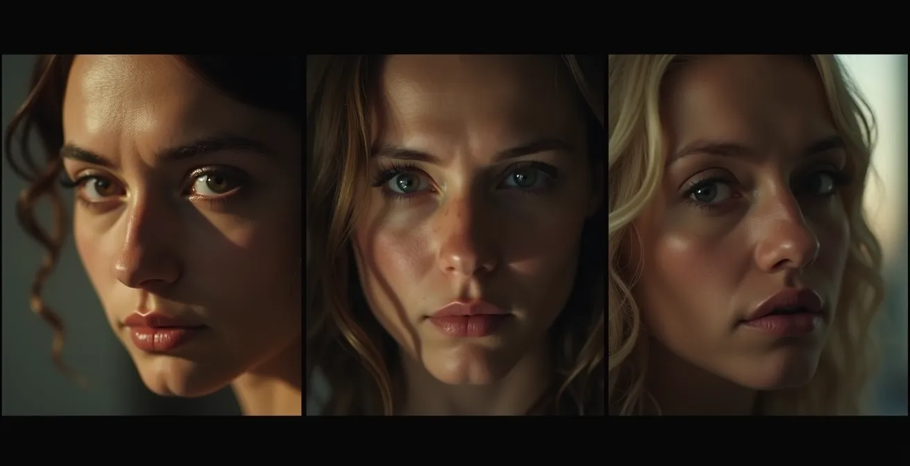 Image symbolique montrant trois scènes familiales dans les styles cinématographiques belge, suisse et français, illustrant la diversité des approches de la crise familiale.