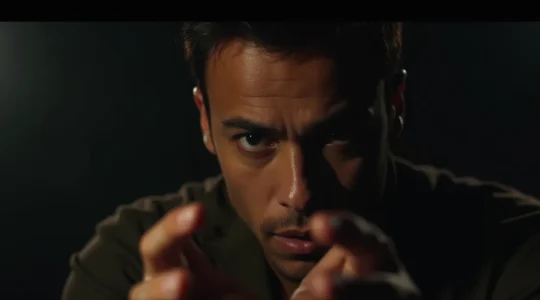 Un acteur en pleine performance expressive sur scène avec lumière dramatique