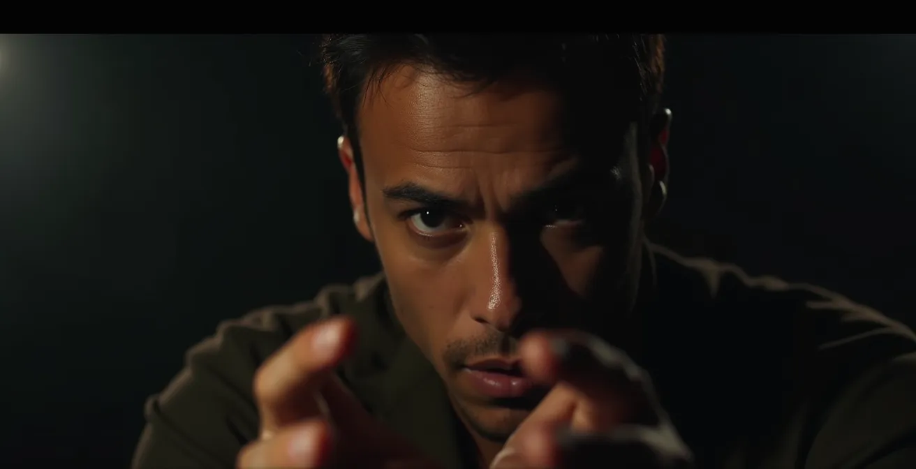 Un acteur en pleine performance expressive sur scène avec lumière dramatique