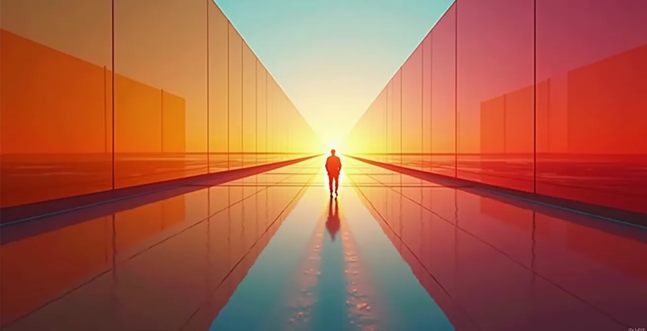 Une composition cinématographique mettant en évidence la règle des tiers avec une palette de couleurs contrastées et du grain de film visible.