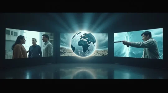 Une mosaïque cinématographique symbolisant la diversité culturelle mondiale du cinéma, avec des écrans montrant des scènes de films internationaux emblématiques