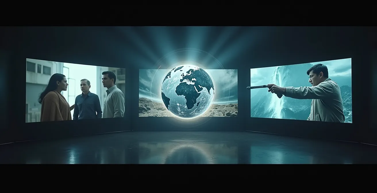 Une mosaïque cinématographique symbolisant la diversité culturelle mondiale du cinéma, avec des écrans montrant des scènes de films internationaux emblématiques