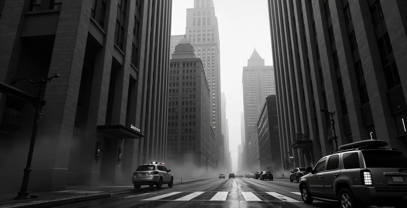 Illustration d'une ville urbaine stylisée en noir et blanc avec des lignes architecturales Art déco marquées et des bruits visuels symbolisés par des ondes sonores.