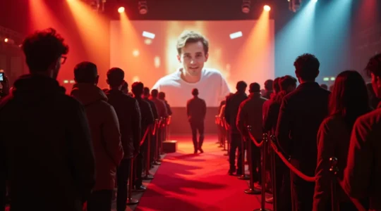 Une scène cinématographique immersive montrant des passionnés de cinéma lors d'une avant-première, entre tapis rouge, ambiance festive et émotion collective.