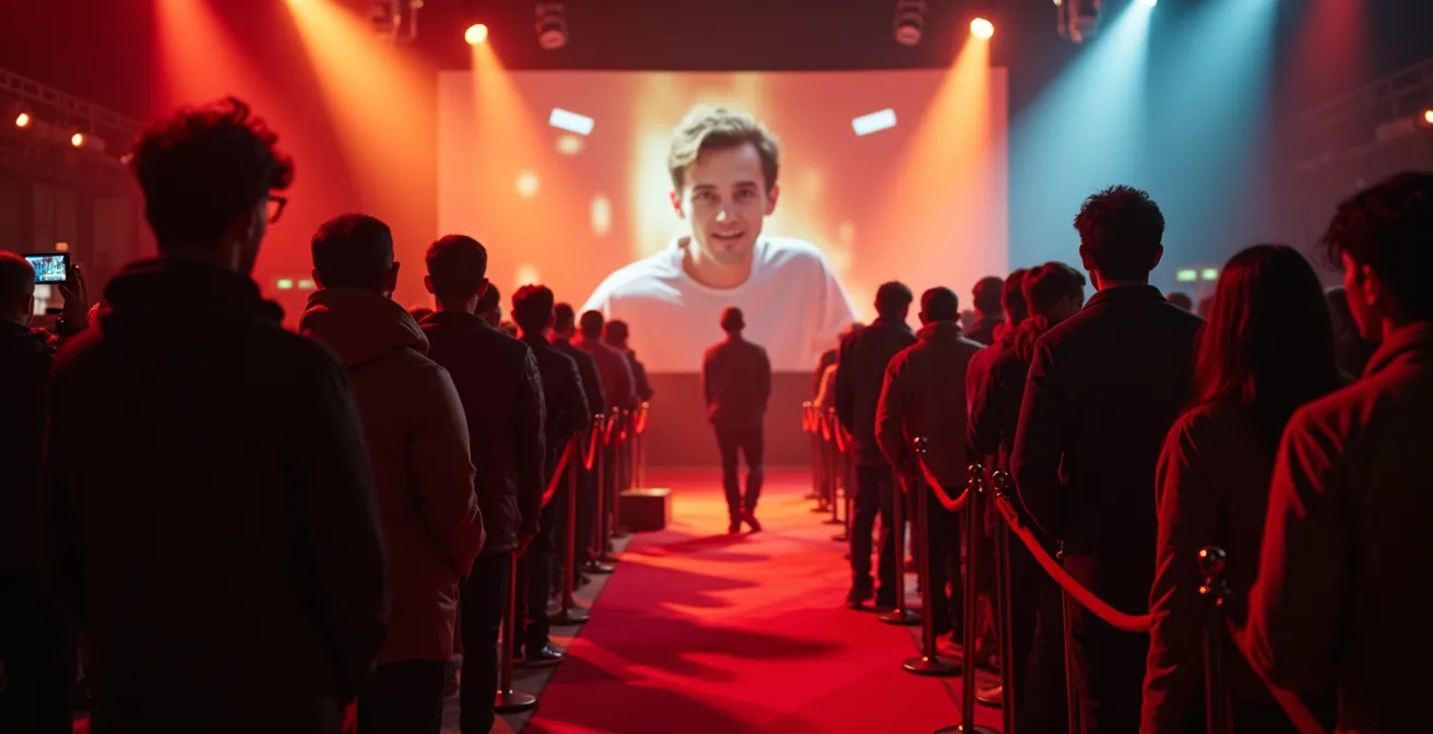 Une scène cinématographique immersive montrant des passionnés de cinéma lors d'une avant-première, entre tapis rouge, ambiance festive et émotion collective.