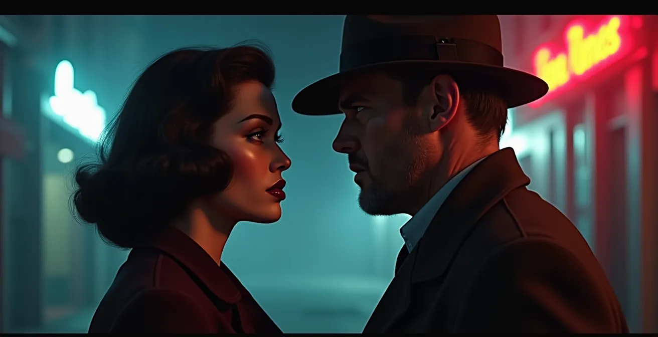 Illustration montrant une femme fatale élégante et mystérieuse face à un détective privé cynique dans une ambiance nocturne urbaine en noir et blanc.