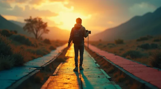 Illustration symbolique représentant des genres cinématographiques comme des chemins colorés dans un paysage cinématographique abstrait, avec un spectateur au centre cherchant sa direction.