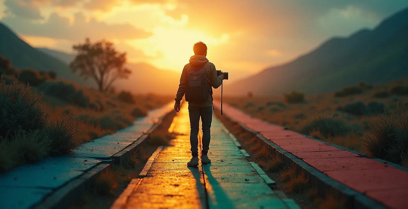 Illustration symbolique représentant des genres cinématographiques comme des chemins colorés dans un paysage cinématographique abstrait, avec un spectateur au centre cherchant sa direction.